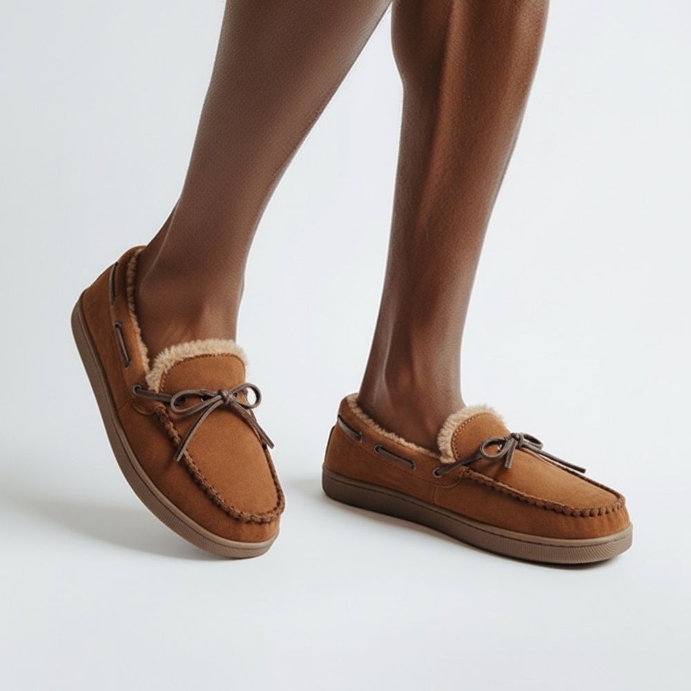 NWT Club Room Men's Faux-Suede Moccasin Slippers with Faux-Fur Lining